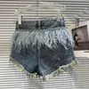 Dżinsy dżinsowe PREPOP Kolekcja jesienna haftowe haftowe figki pióra Tassel Vintage Blue Denim Shorts Women Short 474