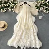 Vestidos informales de moda Bordado de bordado Flower Hollow Out Summer Dress Lace-up sin mangas de vacaciones