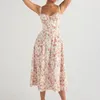 Frauen Sommer Boho Spaghetti -Träger Split Oberschenkel Midi Kleid Krawatte vordere blumige Blumendruck ärmellose Vintage eine Linie Strandkleider 240411