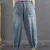 Kvinnors jeans 2024 Vatten tvättade blekt broderad vår och hösten retro casual elastisk hög midja lösa Harlan -byxor