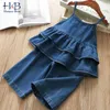 Kleidungssets Humorbär Sommer Mädchen koreanische Denim Hosenteiljacke Top Wide Leg Hosen 2pcs lässige Kinderkleidung Kleidung