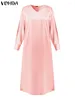 Lässige Kleider Vonda Bohemian Kleid Frauen elegante Party Maxi Long 2024 V-Ausschnitt Massives Satin Seiden Sundarme Hülle Hohlrobe