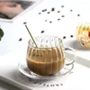 Copos de vinho doméstico listrado vertical transparente resistente a calor de aveia caneca de café com xícara de xícara de flor clara chá