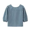 Women's T Shirts 2024 Spring Striped Lace-Up Blue Polyester Casual V-Neck Lantern Sleeves Three Quarter Shoulders For Women Pending