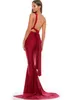 Party Dresses Sexy Long Red Spandex Evening With Ribbon Mermaid One Shoulder Blackless Sweep Train Prom For Women