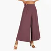 Calça feminina calça de cor sólida calça elástica cinturão larga perna alta cintura longa culottes femme 2024 linho de algodão de verão rugas