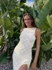 Nadafair Women Hollow Out вязаное вязаное платье пляж тонкий рукавиц o nece sexy Summer Party Split Maxi платья черные 240412