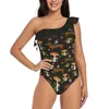 Women's Swimwear Gnome And Dachshund In Mushroom Land Dark Brown Background Women Ruffle One Piece Swimsuit Sexy Bodysuit Monokini