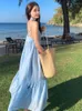 Casual Dresses Korean Blue Butterfly Print Round Neck Backless Pleated Sundresses For Women Elegant Beach Sleeveless Slip Long Dress Sexy