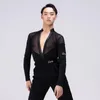 Stage Wear Long Sleeve V Neck Patchward Tops Male Latin Dance Dress For Men Performance Cha Samba Rumba Clothing NY02 CR523