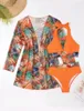 Kvinnors badkläder Leaf Print Swimsuit Women 2024 Three Piece Cover-Ups långärmad solskyddsmedel Bikini Hög midja V-Neck Beach Bathing Suit