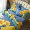 Bedding Sets 4PCS Mercury Pure Cotton Autumn Winter Ecological Sanding & Thickening 4-Piece Set Plant Flower Printing Bed Skirt