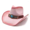 Berets Women's Fashion Men's Retro Turquoise Leather Strap Band Hollow-out Bohemia Cowboy Western Summer Straw Cowgirl Sun Hat 58CM