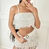 Work Dresses Women Tassels 2 Piece Skirt Sets Summer Clothes Sexy Fashion Sleeveless Sequins Sling Vest And Mini With Belt