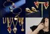 Luxurious Letter V Bracelets Wheat Ear Drop Inlaid Ruby Crystal Floral Relief Necklaces Bracelet Set Portrait Banshee 18K Gold Plated Designer Jewelry HGHF3988724