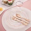 Disposable Dinnerware 350pcs Rose Gold Plates - Pre Rolled Napkin And Plastic Silverware Clear Rim