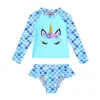 Swimwwear Girls Swimsuit 2 pièces Costumes de natation à manches longues Cartoon Imprimé de cheval Rashguard Shirts and Briefs Bikinis sets plage