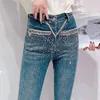 Jeans pour femmes lourdes perles de l'industrie haute échange 2024 vêtements d'automne slim fit pantalon de bootcut élégant long y2k
