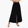 Calça feminina calça de cor sólida calça elástica cinturão larga perna alta cintura longa culottes femme 2024 linho de algodão de verão rugas