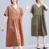 Party Dresses 2024 Solid Color V-Neck Single Breasted Cotton Loose Summer Blue Dress for Women Travel Casual Long Lady Work