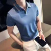 2023 Summer Style Mens عارضات ضئيلة قليلة الأكمام الصلبة قميص البولو البريطانية البريطانية الأزرق Tshirt Polo S4XL 240402