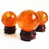 Decorative Figurines 50-55mm Natural Citrine Calcite Stone Optical Sphere Healing Meditation Crystal Ball For Home Decoration Base