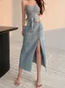 Saia de jeans longa deeptown feminino vintage sólido cintura alta uma linha slim estilo coreano jean fenda midi saia de verão girl 240412