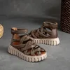 Sandales Summer Femmes Round Toe Chaussures de plate-forme talon Chunky Genunine Leather High Gladiator fait à la main