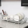 Kök förvaring Aluminiumskåltorkningsställ justerbara plattor Organiser med dräneringsbräda diskbänkskåp i bestick