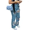 Jeans femininos Sexy Hollow Out Ripped Cargo Women Fashion Azul Caustra larga perna larga mulher solta Mulher vintage destruída calças denim desgastadas