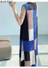カジュアルドレスミヤケプリーツ夏のファッション格子縞のプリントノースリーブドレス女性プリーツのためのエレガントなハイエンドのロングベスティドスローブフェム