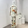 Women's Two Piece Pants Satin Silk 2024 Top Quality Casual White Floral Printing Loose Blouse Wide Leg High Waist Matching Women Sets