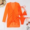 Women's Swimwear 2024 Beach Cover Up And Bikini Set Sexy Women Dresses Long Sleeve Mesh Swimsuit Thong Biquini Female Neon Beachwear