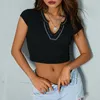 Frauen T-Shirts Frauen Sommer kurzes T-Shirt-Ärmel Patchwork maßgeschneidert V-Ausschnitt Rippte Crop Top Damen Stretchy Navel Hemd