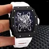 Montre-bracelets Luxury Men Automatique mécanique Watch Black Rubber Skeleton Red Carbon Fibre Sport Watches