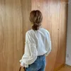 Blouses voor dames solide lange mouw Koreaanse stijl boog losse vintage casual elegante tops 2024 vrouwen uitgehold shirts blusas 9580