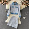 Arbeitskleider Herbst Winter Winter Vintage Tweed Wolle zweiteils Set Frauen Full Sleeve Jackel Mantel Mini Kurzrock 2 Outfits Anzug