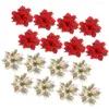 Fleurs décoratives 24pcs Poinsetttia paillettes feuilles de Noël artificielles avec baies de houx ornements d'arbre pour le salon