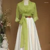 Work Dresses Women's Summer Autumn Suit Green Transparent Cardigan And White Slip Dress Two Piece Set Female Elegant Sets 2024