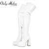 Boots Onlymaker Women Punk Platform Over The Knee White Thick High Heels Side Zipper Style Square Toe Fashion Party