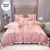 Bedding Sets 600TC Luxury Pink Princess Silk Bed Line Embroidery Duvet Cover Set With Quilt Cover/Flat Sheet/Bedspread/Pillowcase 150