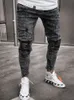 Biker Jeans Mens Distressed Stretch gescheurde Biker Jeans Men Hip Hop Slim Fit Holes Punk Jeans Zipper Pure Color Denim Pants 240412