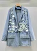 Costumes pour femmes en denim manteau gros paillettes POCHES DE DIAMOND POCHETUX NOTCHÉS BLAZER PI-POILS 2024 MODE SUMBRE 29L7177