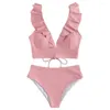 Damenbadebekleidung Frauen mit hoher taillierter Bikini-Set stilvoller Sommer mit Rüschenstich-Tops hohe Taille Schwimmstämme für eine