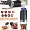 Blender Win propriétaire électrique Salt Pepper Grinder Gravity Pepper Automatic Moulin Batterre de grossièreté réglable alimentée avec une lumière LED bleue