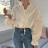 Blouses voor dames solide lange mouw Koreaanse stijl boog losse vintage casual elegante tops 2024 vrouwen uitgehold shirts blusas 9580