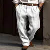 Pantaloni da uomo in lino a doppia piattaforma a doppia gamba dritta dritta di colore solido comodo vacanza casual traspirante