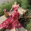 Lässige Kleider Vintage koreanischer Stil Urlaub Rückenfreie Faltenkleid Frauen Rose rot gedruckte ärmellose Spaghetti -Gurt Fairy Vestidos