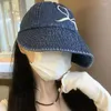 BERETS 한국 세척 데님 보우 버킷 모자 자수 파나마 모자 여성 여름 야외 캐주얼 선 스크린 바이저 어부 모자