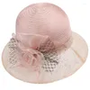 Berets Breathable Yarn Bucket Hat For Lady Tea Party Floppy With Flower Decals Summer Camping Spring Sun D46A